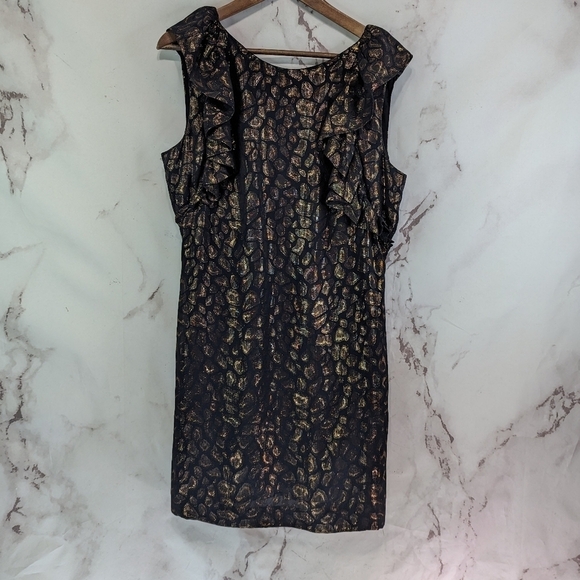 CAMILLA AND MARC Dress Womens 10 Scoop Back Ruffle Leopard Leon Frock Metallic - Picture 2 of 12
